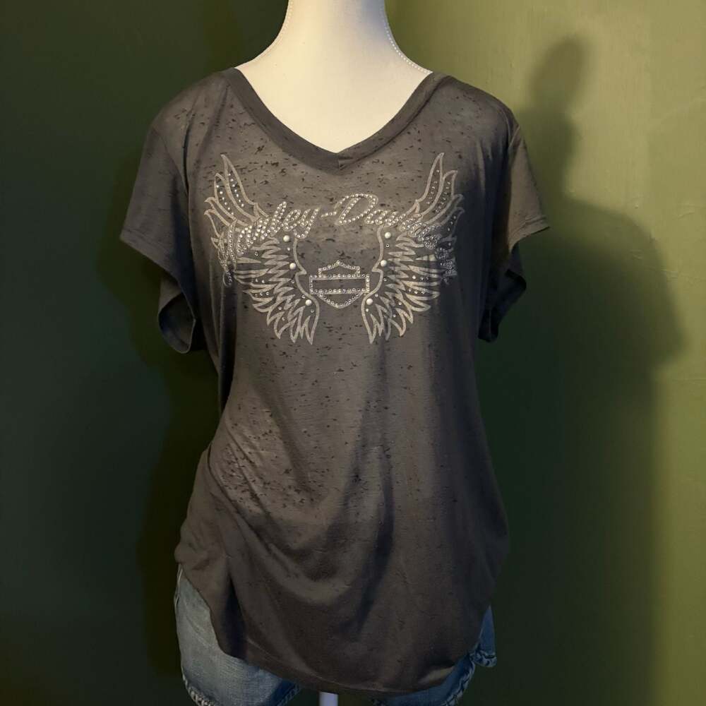 Harley-Davidson Women's Rhinestone Wing Graphic V-Neck T-Shirt Gray XL